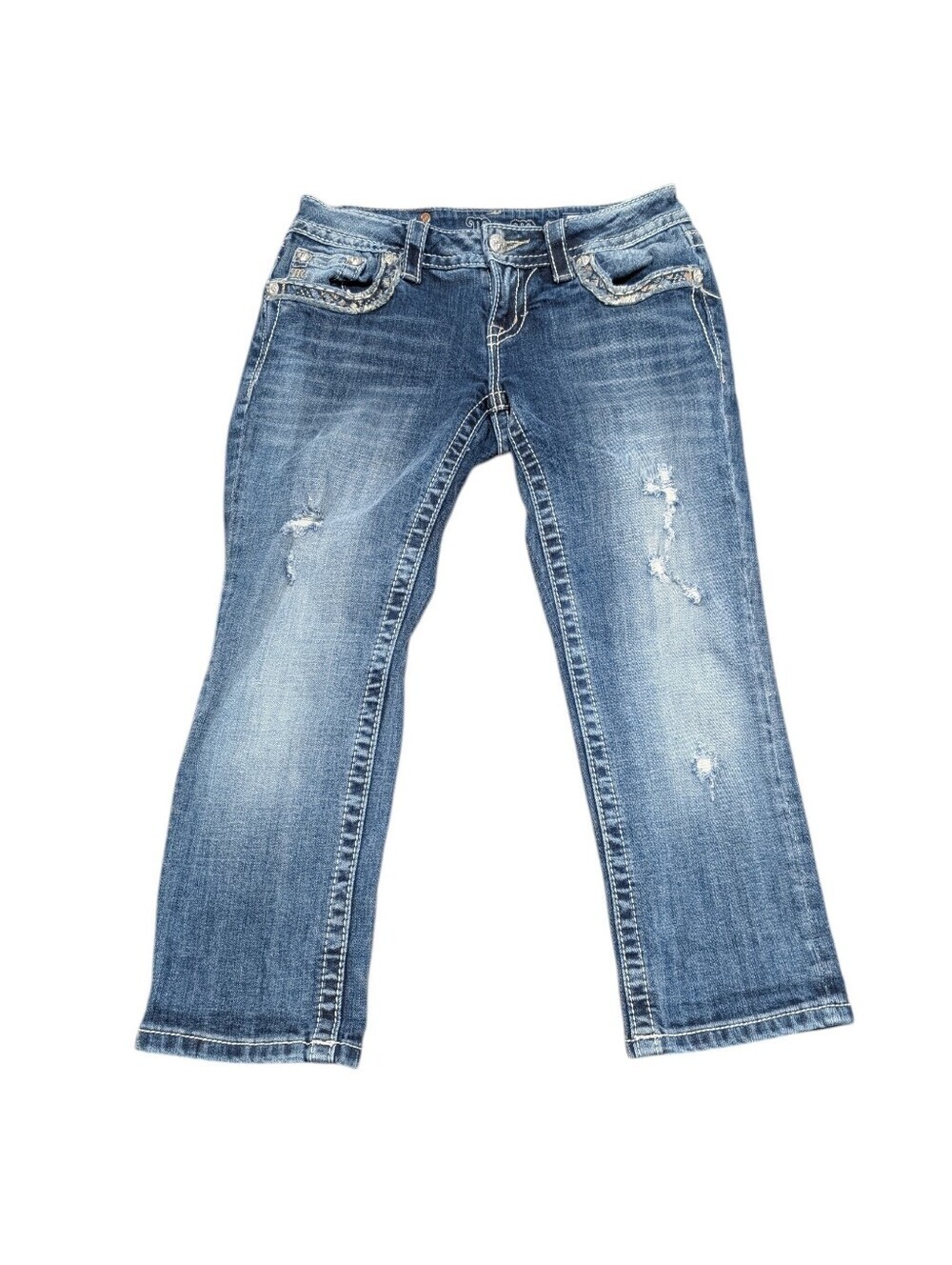 MISS ME Women’s Blue Signature Cuffed Capri Distressed Jeans (26)